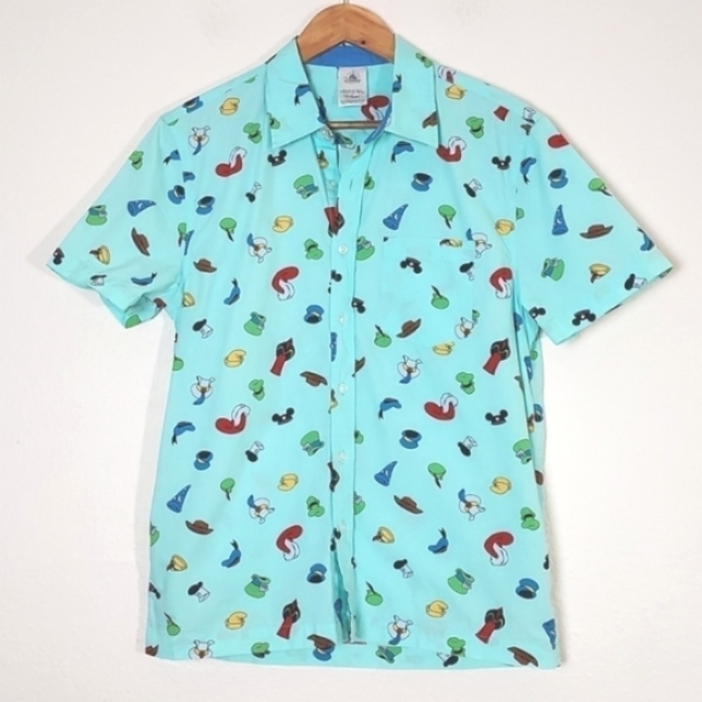 DISNEY Parks Men's Character Hats Button Down Short Sleeve Shirt Blue Size Small